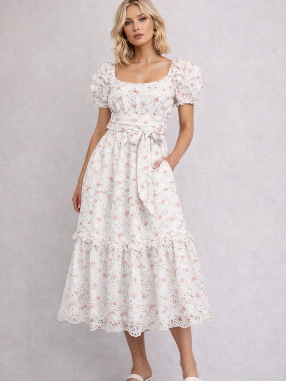 White Floral Midi Dress with Puff Sleeves